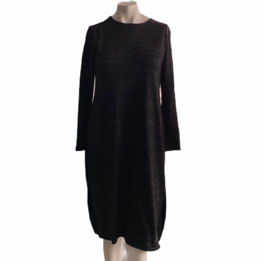 Women's Knee Length Shift Dress Black Grey Long Sleeve Crew Neck Small
